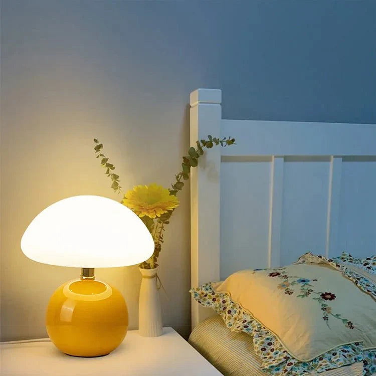 Mushroom Table Lamp Retro with Round Ceramic Base and Glass Shade