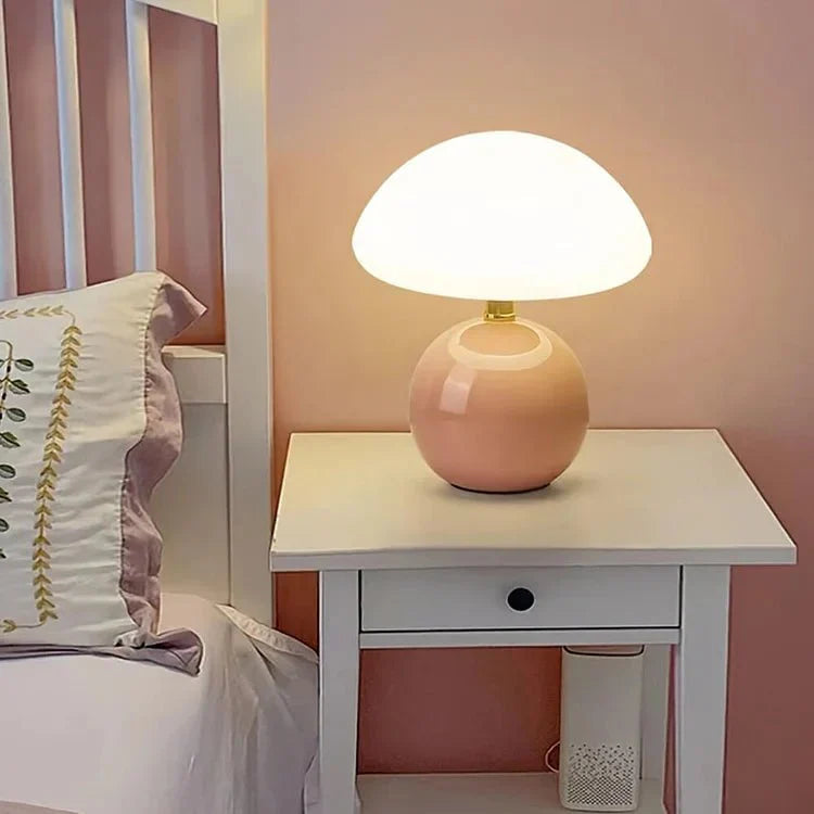 Mushroom Table Lamp Retro with Round Ceramic Base and Glass Shade