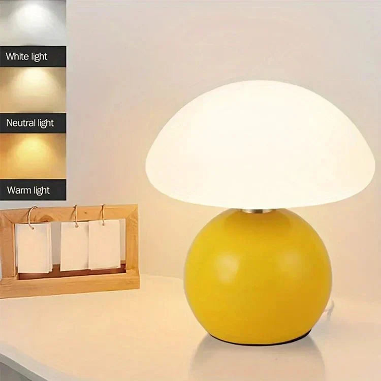 Mushroom Table Lamp Retro with Round Ceramic Base and Glass Shade