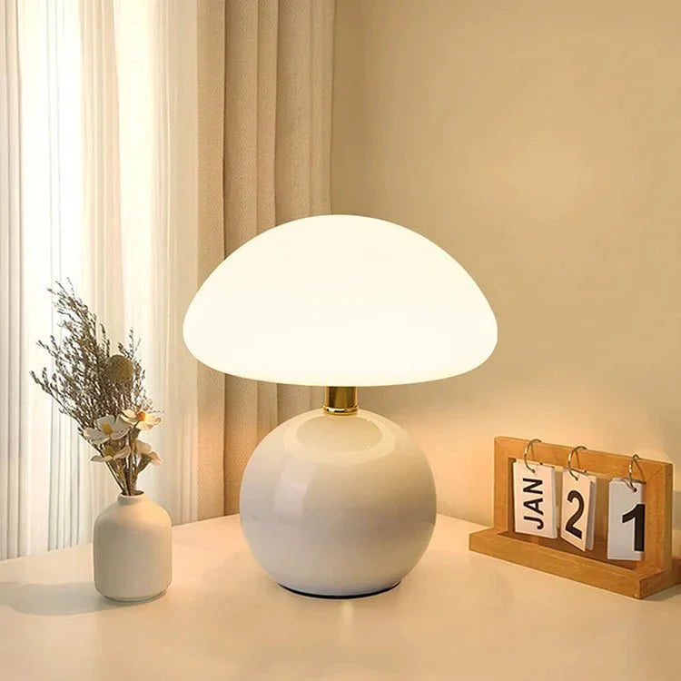 Mushroom Table Lamp Retro with Round Ceramic Base and Glass Shade