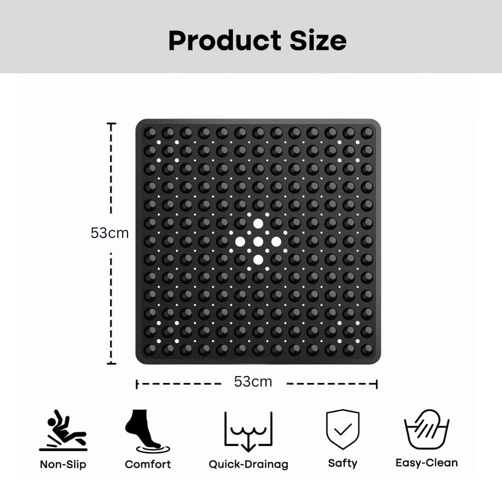 Non-Slip Shower Mat with Suction Cups and Drain Holes, Square