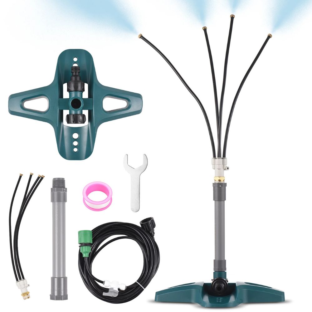 Outdoor Misting Sprinkler System with Flexible Nozzles and Freestanding Base