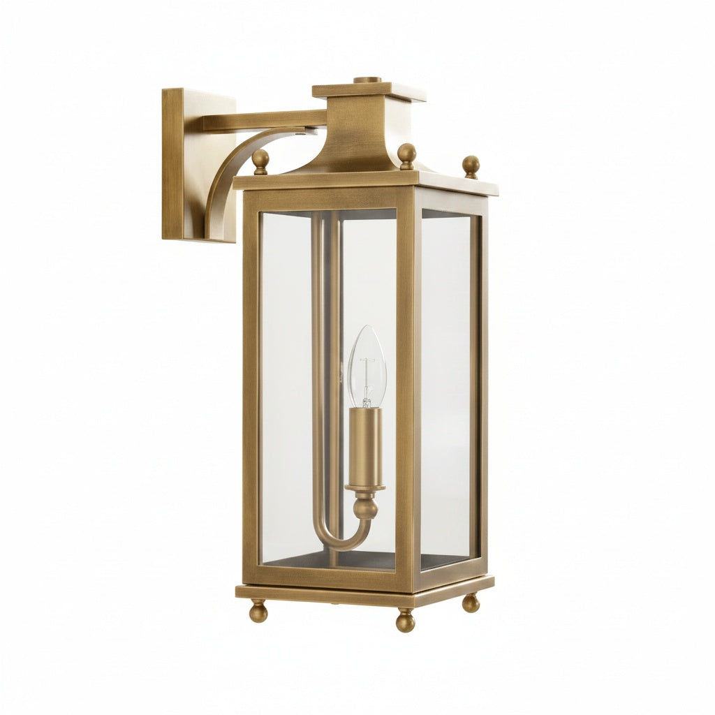 Outdoor Wall Lamp Vintage Lantern Style with Clear Glass Panels and Brass Finish