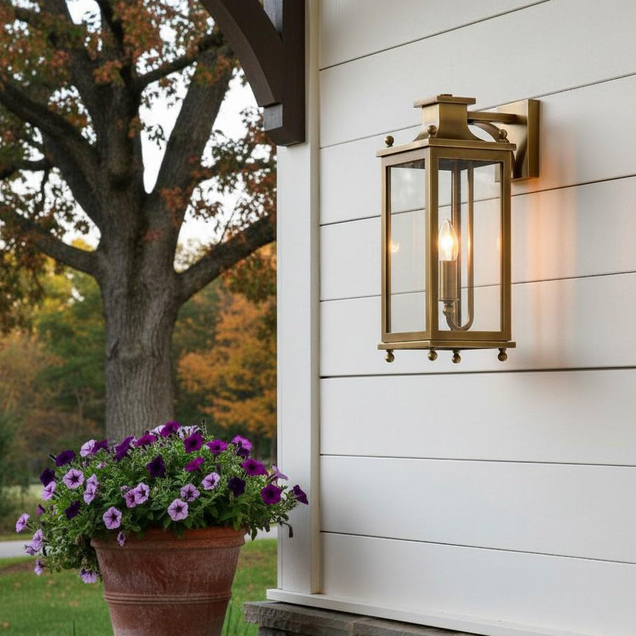 Outdoor Wall Lamp Vintage Lantern Style with Clear Glass Panels and Brass Finish