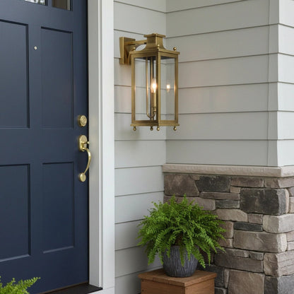 Outdoor Wall Lamp Vintage Lantern Style with Clear Glass Panels and Brass Finish