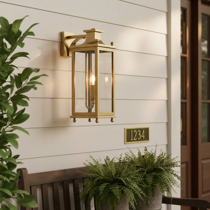 Outdoor Wall Lamp Vintage Lantern Style with Clear Glass Panels and Brass Finish
