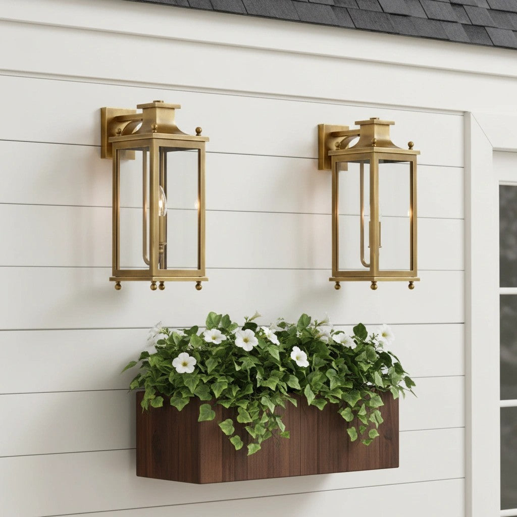 Outdoor Wall Lamp Vintage Lantern Style with Clear Glass Panels and Brass Finish