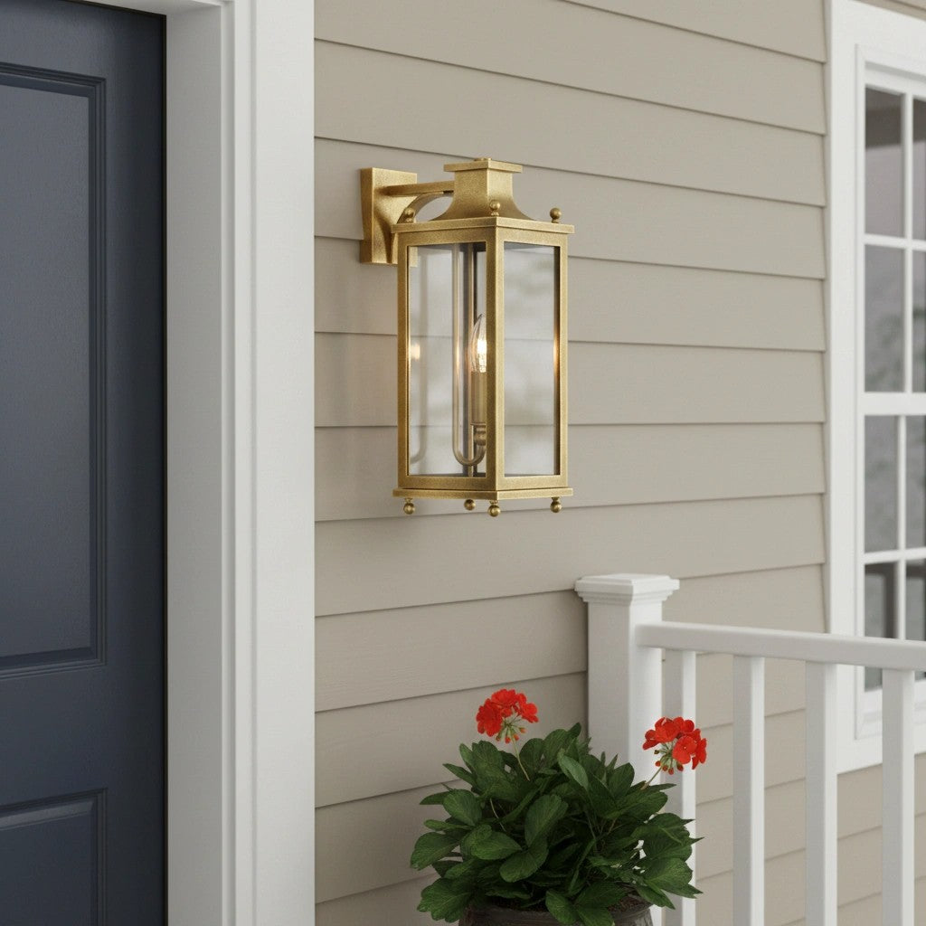 Outdoor Wall Lamp Vintage Lantern Style with Clear Glass Panels and Brass Finish