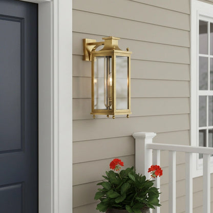Outdoor Wall Lamp Vintage Lantern Style with Clear Glass Panels and Brass Finish