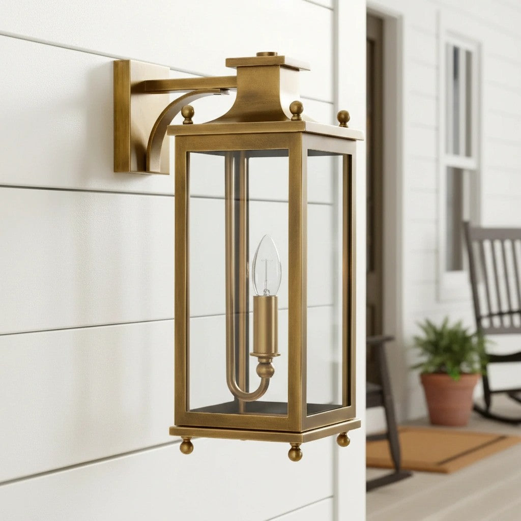 Outdoor Wall Lamp Vintage Lantern Style with Clear Glass Panels and Brass Finish