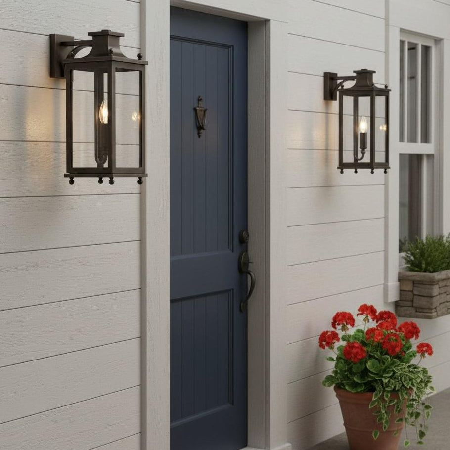 Outdoor Wall Lamp Vintage Lantern Style with Clear Glass Panels and Brass Finish