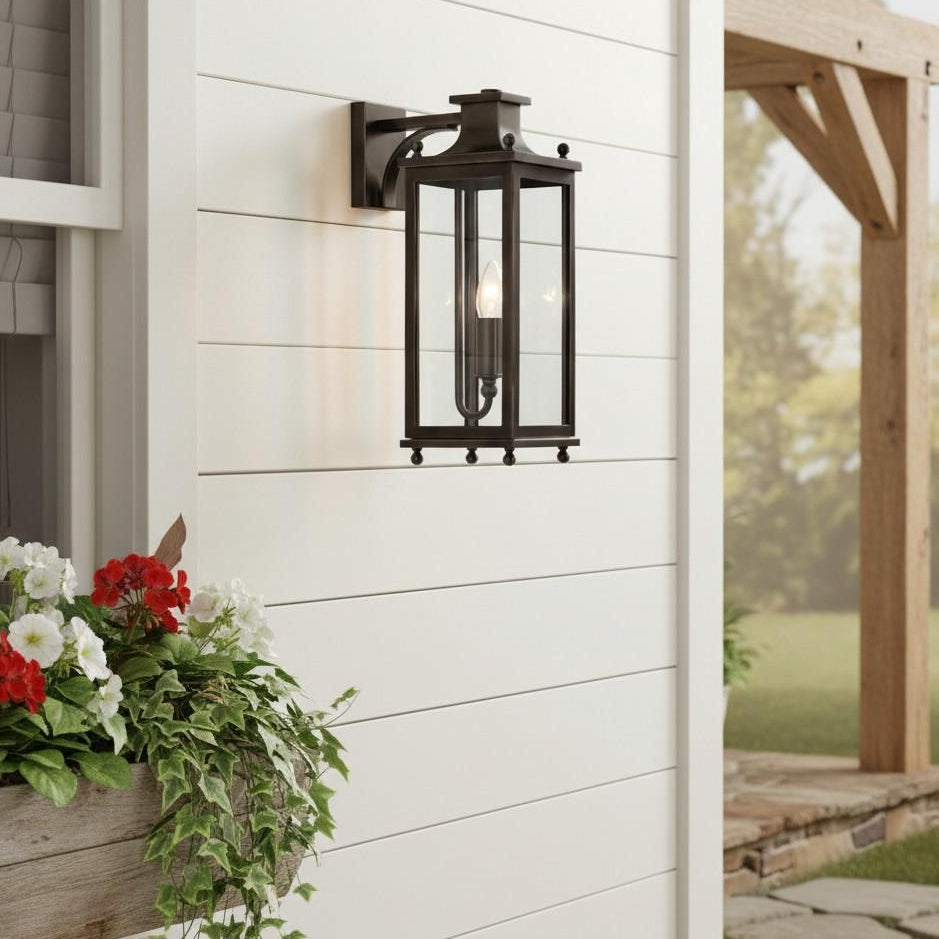 Outdoor Wall Lamp Vintage Lantern Style with Clear Glass Panels and Brass Finish