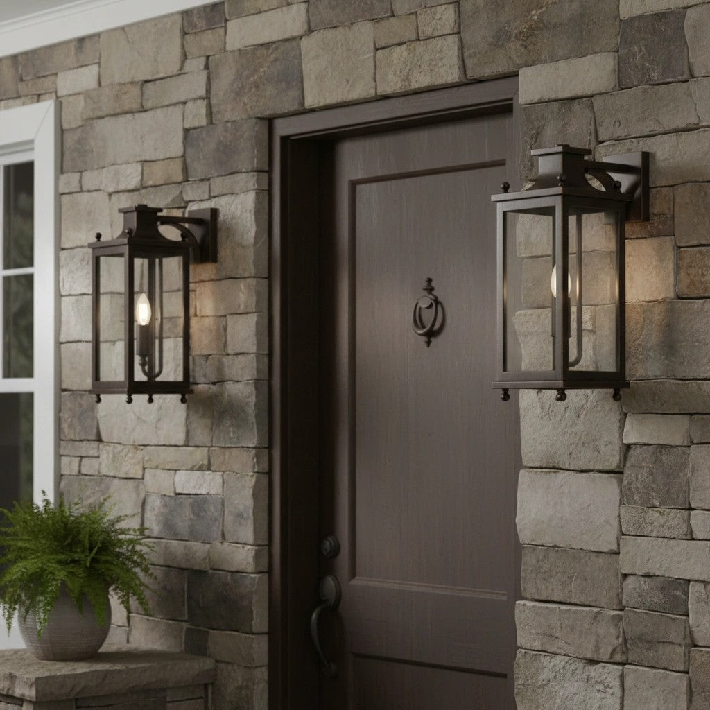 Outdoor Wall Lamp Vintage Lantern Style with Clear Glass Panels and Brass Finish