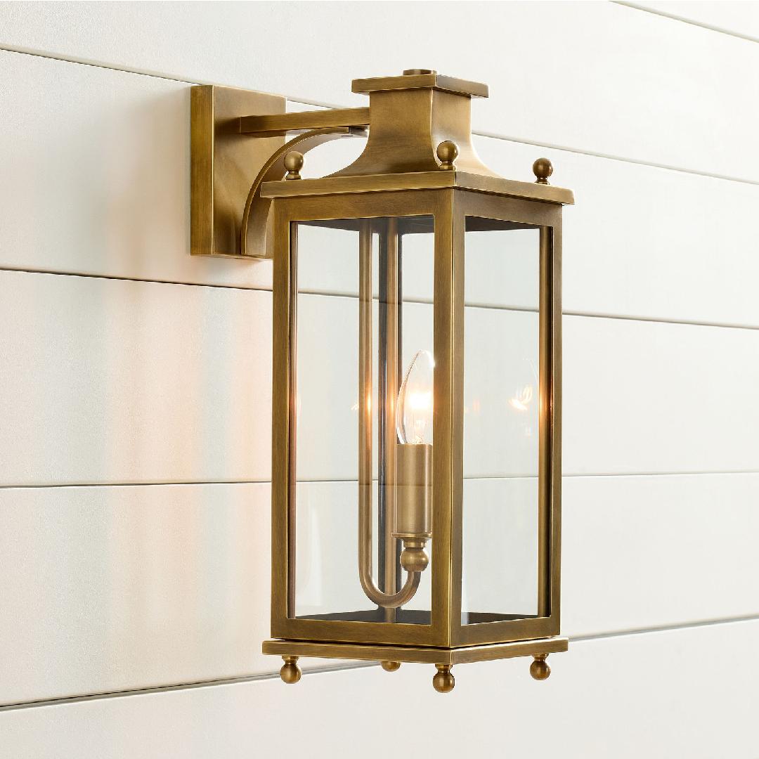 Outdoor Wall Lamp Vintage Lantern Style with Clear Glass Panels and Brass Finish