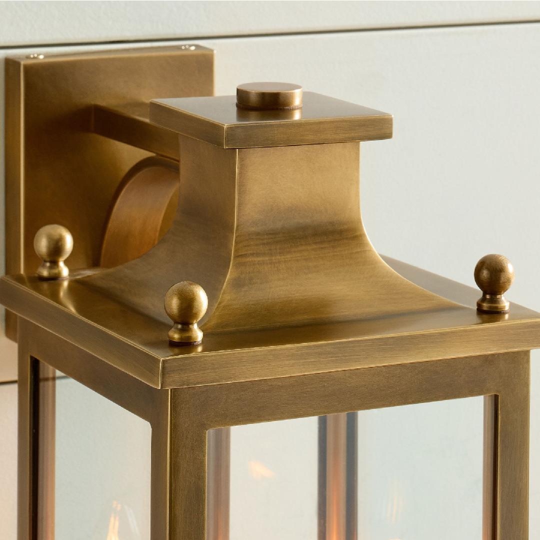 Outdoor Wall Lamp Vintage Lantern Style with Clear Glass Panels and Brass Finish