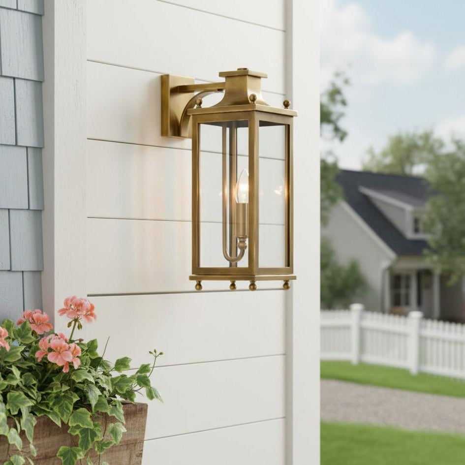 Outdoor Wall Lamp Vintage Lantern Style with Clear Glass Panels and Brass Finish