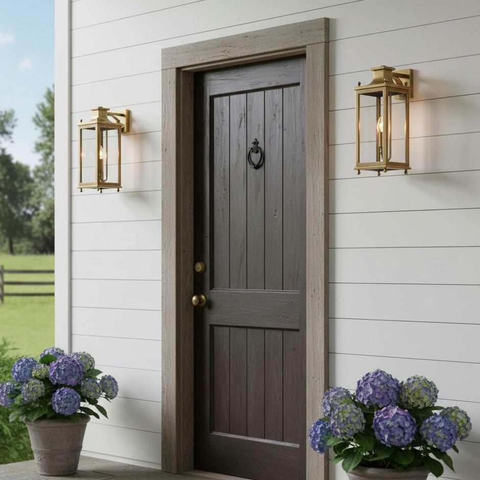 Outdoor Wall Lamp Vintage Lantern Style with Clear Glass Panels and Brass Finish