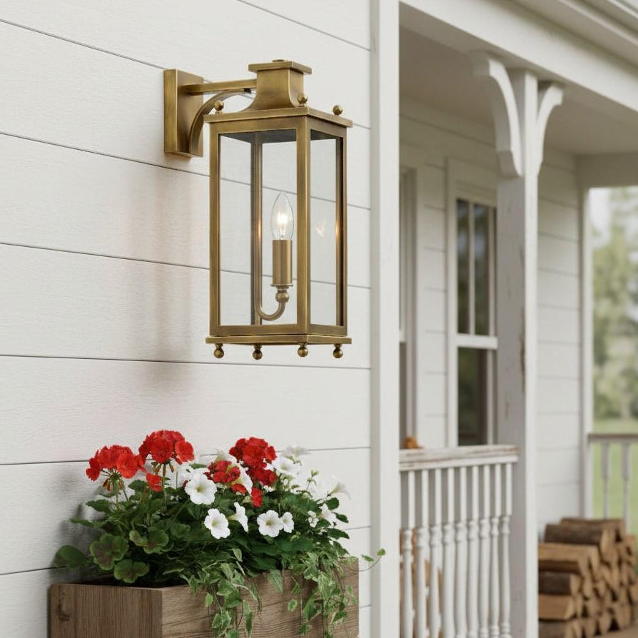 Outdoor Wall Lamp Vintage Lantern Style with Clear Glass Panels and Brass Finish