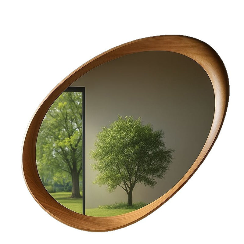 Oval Wall Mirror with Wood Frame and Tempered Glass