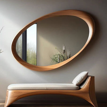 Oval Wall Mirror with Wood Frame and Tempered Glass