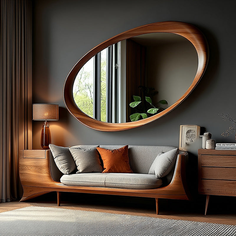 Oval Wall Mirror with Wood Frame and Tempered Glass