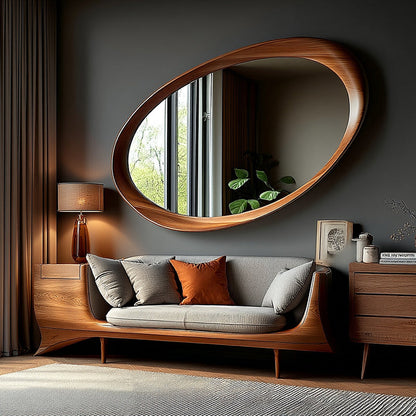 Oval Wall Mirror with Wood Frame and Tempered Glass