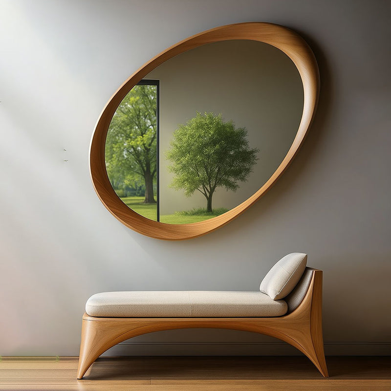 Oval Wall Mirror with Wood Frame and Tempered Glass