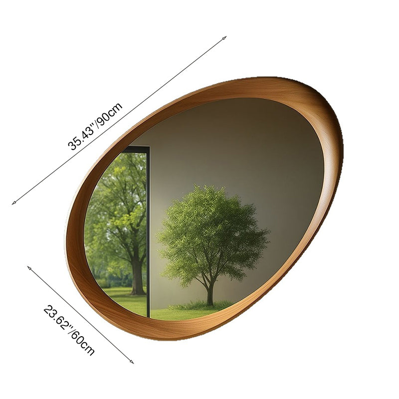 Oval Wall Mirror with Wood Frame and Tempered Glass
