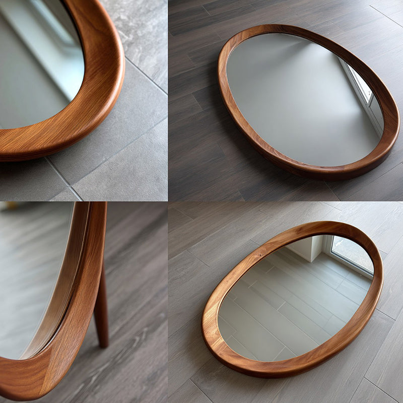 Oval Wall Mirror with Wood Frame and Tempered Glass