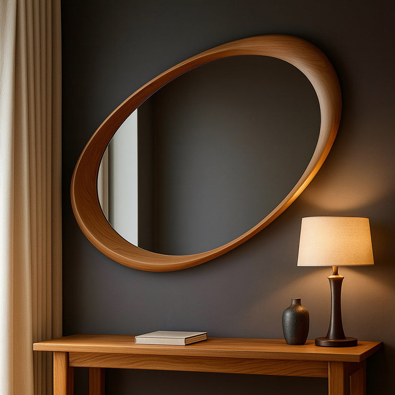 Oval Wall Mirror with Wood Frame and Tempered Glass