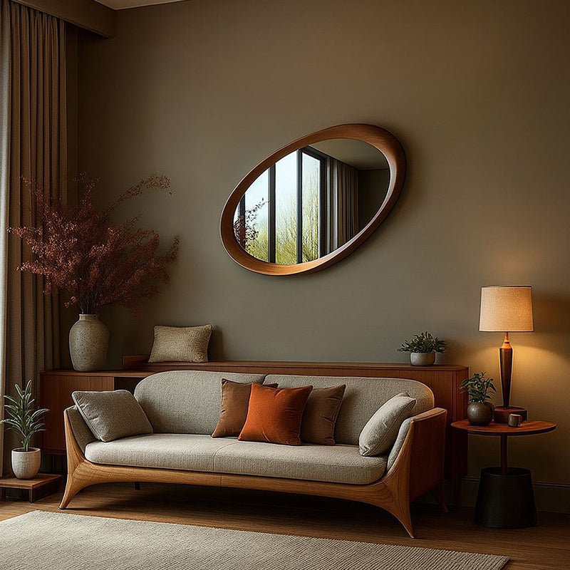Oval Wall Mirror with Wood Frame and Tempered Glass