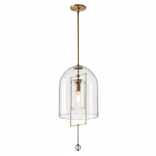 Pendant Lamp Art Deco with Clear Glass Dome and Crystal Drop