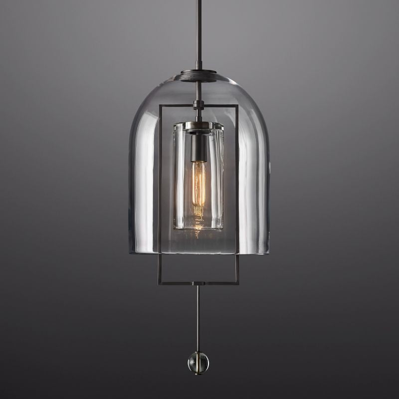 Pendant Lamp Art Deco with Clear Glass Dome and Crystal Drop