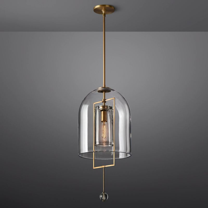 Pendant Lamp Art Deco with Clear Glass Dome and Crystal Drop