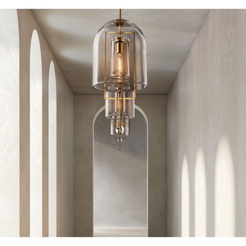 Pendant Lamp Art Deco with Clear Glass Dome and Crystal Drop