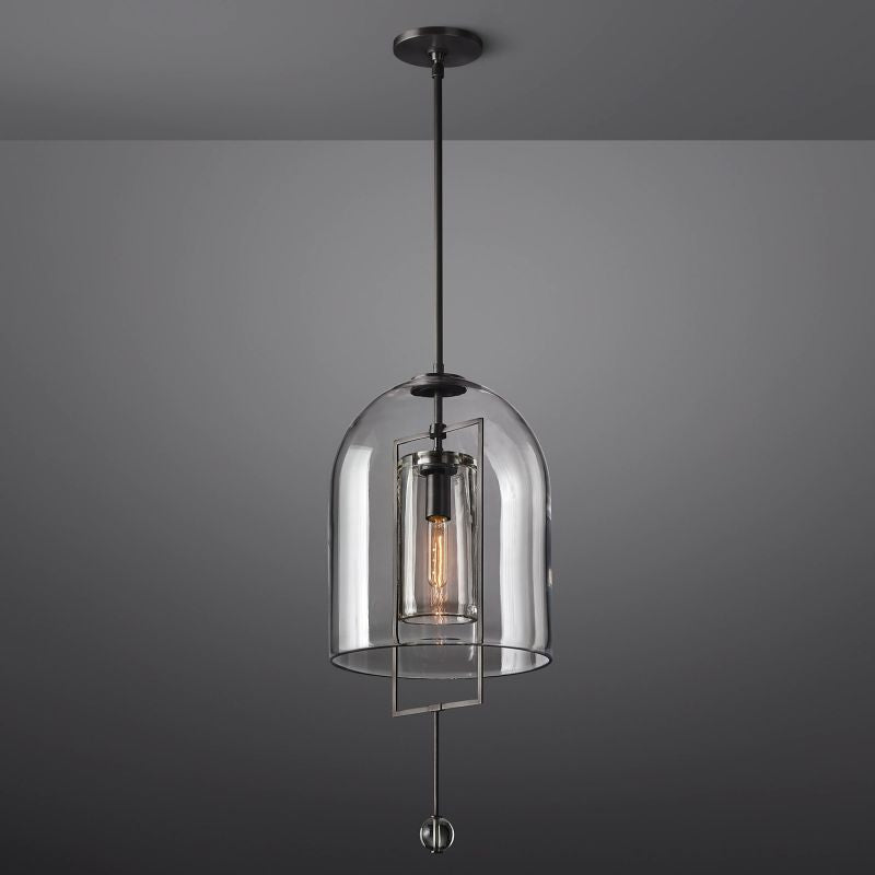Pendant Lamp Art Deco with Clear Glass Dome and Crystal Drop