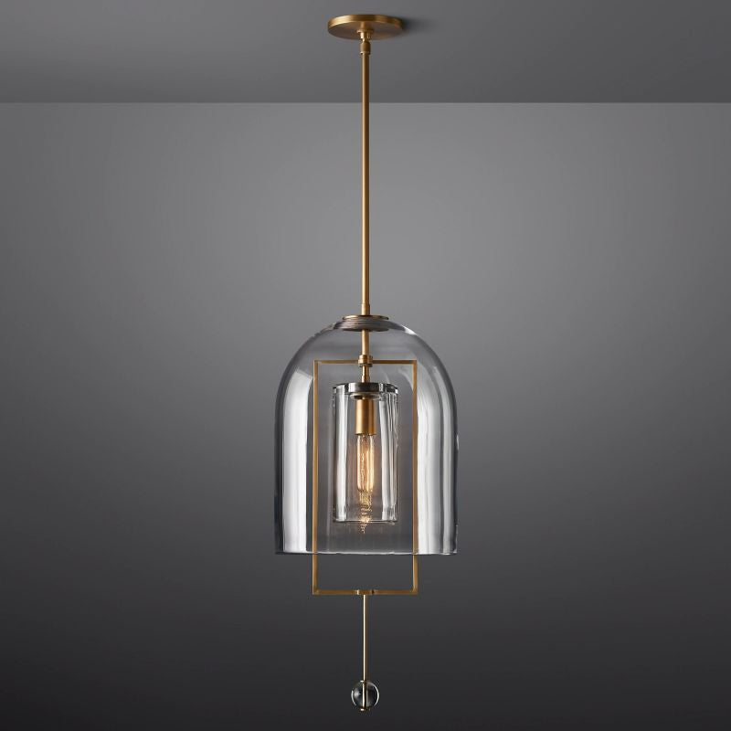 Pendant Lamp Art Deco with Clear Glass Dome and Crystal Drop