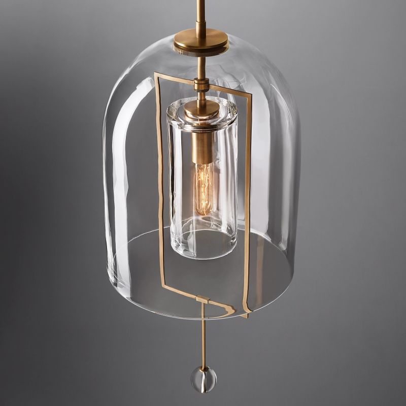 Pendant Lamp Art Deco with Clear Glass Dome and Crystal Drop