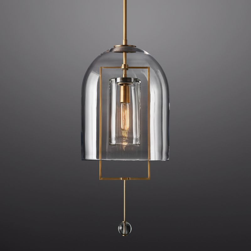 Pendant Lamp Art Deco with Clear Glass Dome and Crystal Drop
