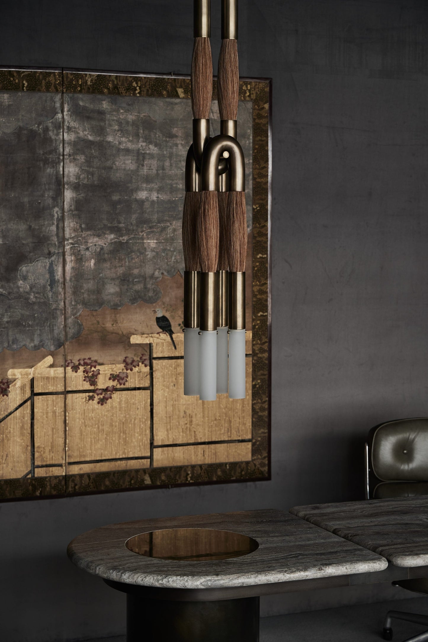 Pendant Lamp Art Deco with Horsehair Tassels and Frosted Glass Tubes
