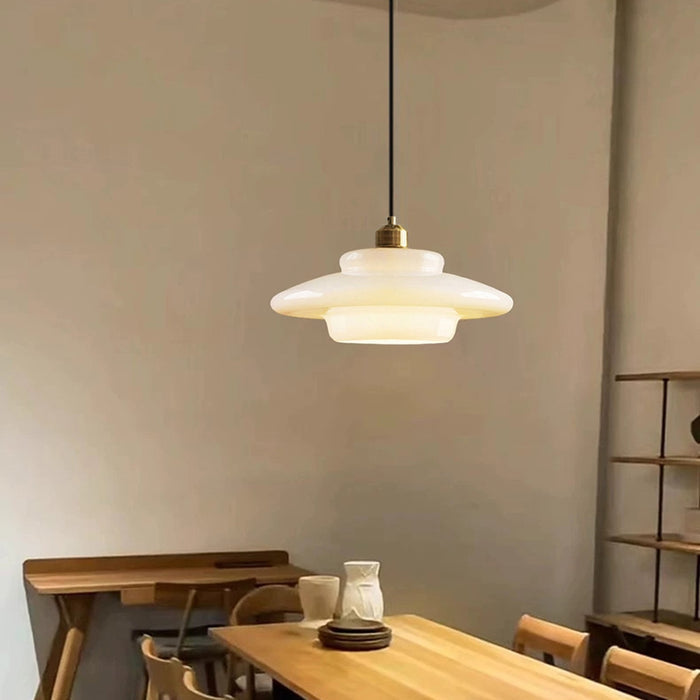 Pendant Lamp Art Deco with Layered Glass Shade and Brass Fitting