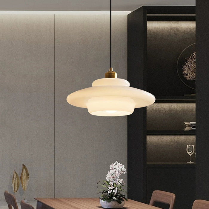 Pendant Lamp Art Deco with Layered Glass Shade and Brass Fitting