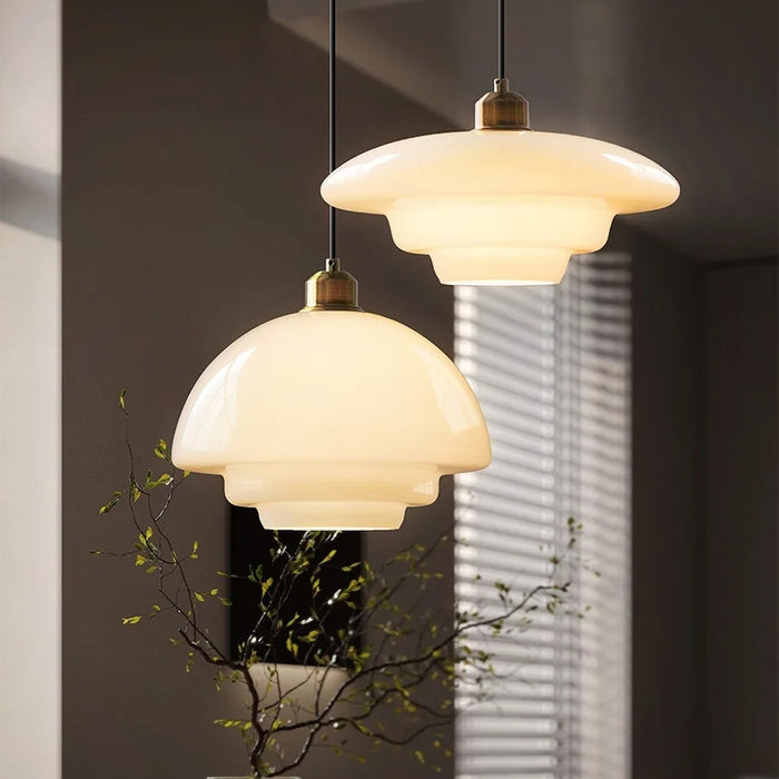 Pendant Lamp Art Deco with Layered Glass Shade and Brass Fitting