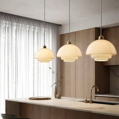Pendant Lamp Art Deco with Layered Glass Shade and Brass Fitting