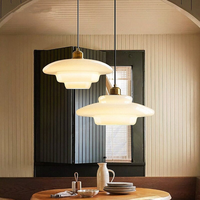Pendant Lamp Art Deco with Layered Glass Shade and Brass Fitting