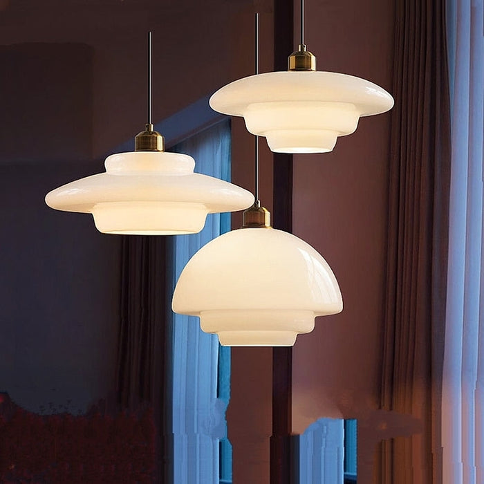 Pendant Lamp Art Deco with Layered Glass Shade and Brass Fitting