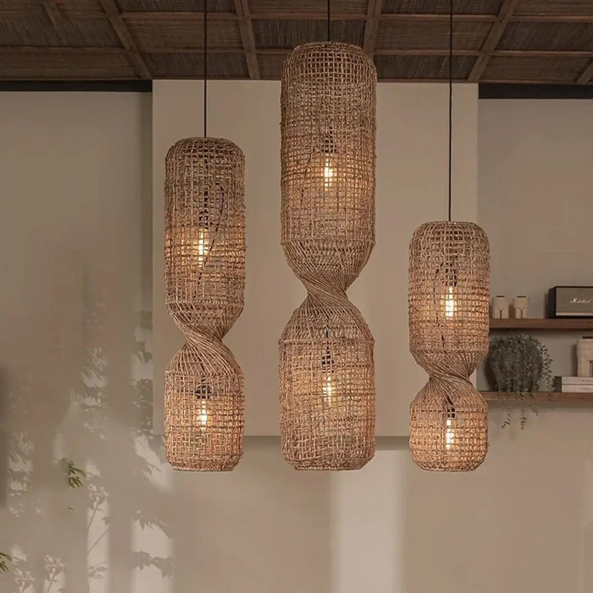Pendant Lamp Bohemian Woven Rattan with Twisted Hourglass Shape