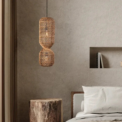 Pendant Lamp Bohemian Woven Rattan with Twisted Hourglass Shape