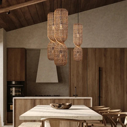 Pendant Lamp Bohemian Woven Rattan with Twisted Hourglass Shape