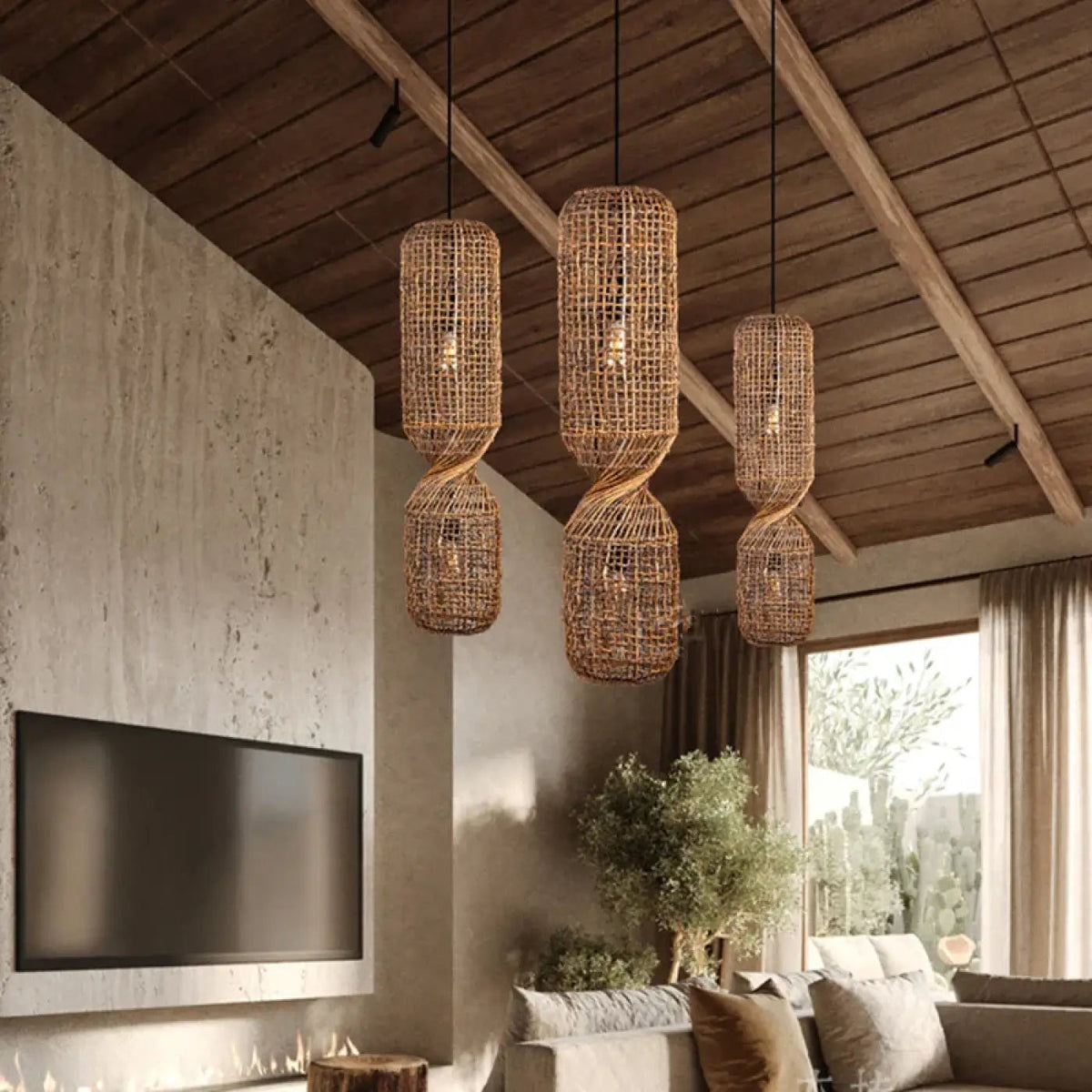 Pendant Lamp Bohemian Woven Rattan with Twisted Hourglass Shape